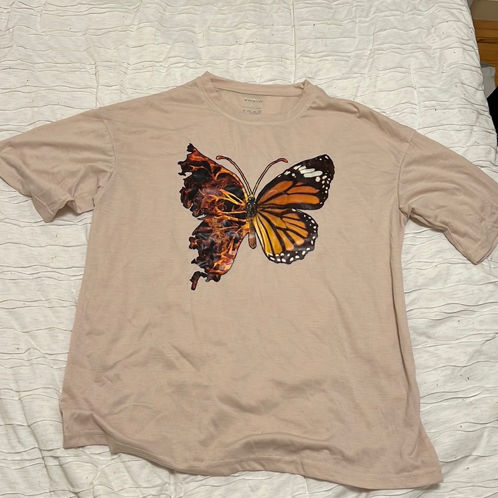 Women’s oversized small print butterfly shirt (tan)